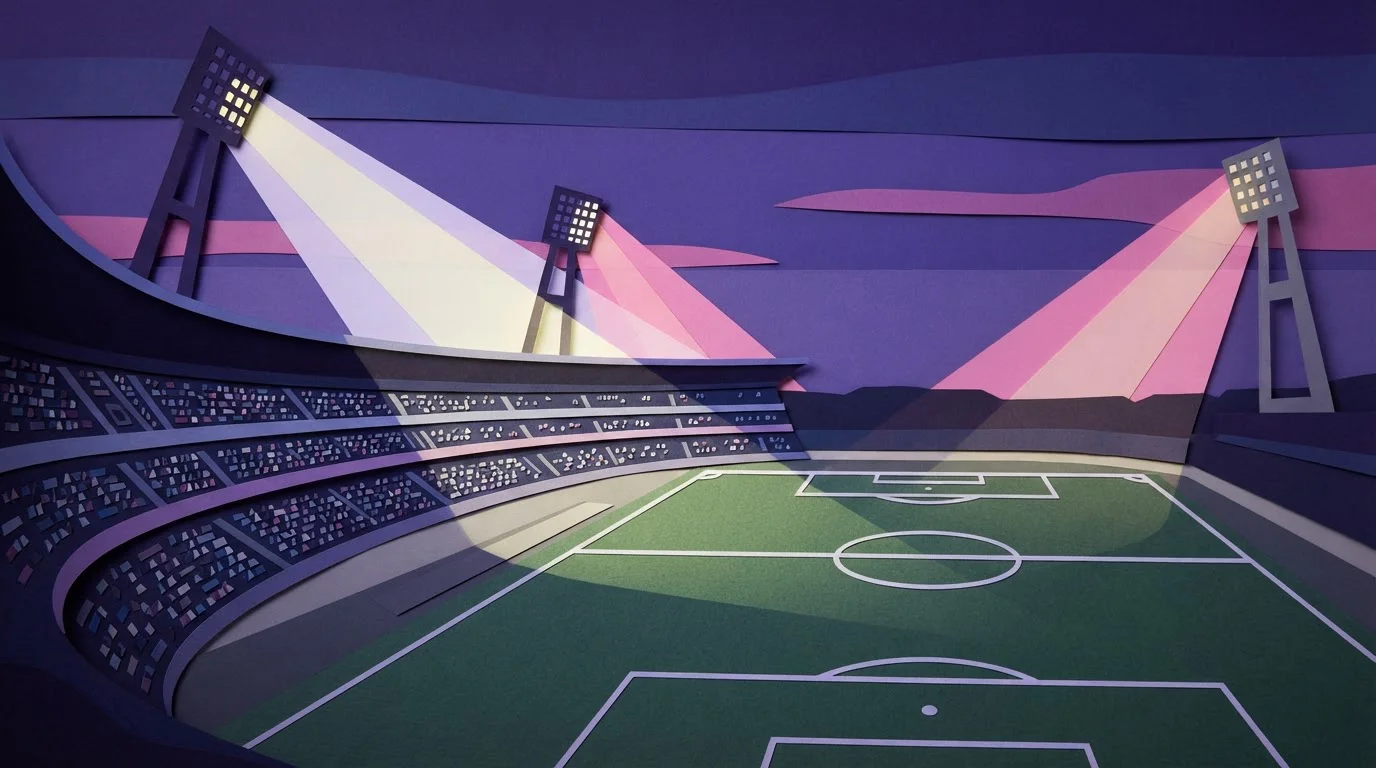 Helle Flutlichtmasten über einem Stadion am Abend