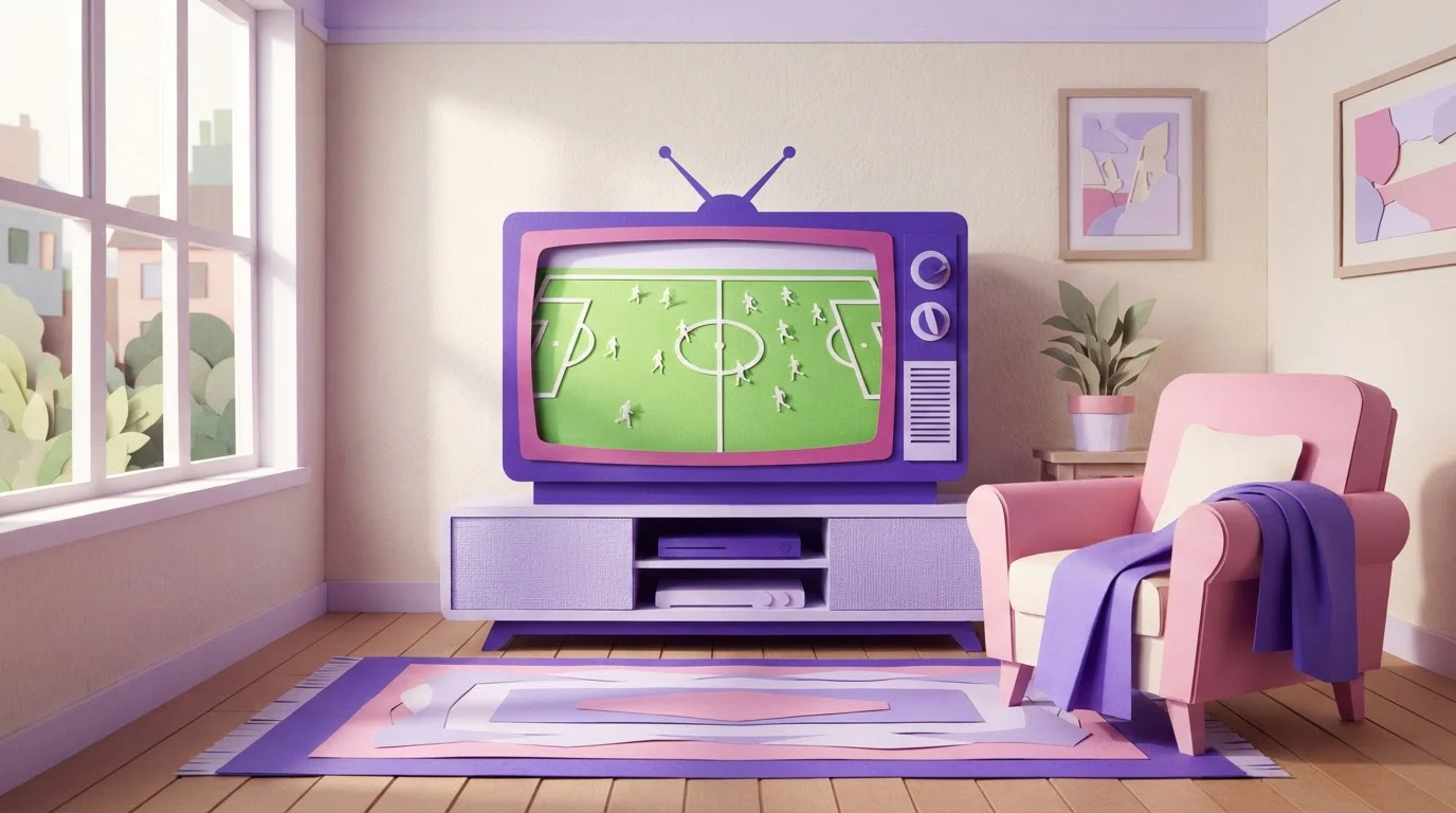 Fernseher im Wohnzimmer mit einem beleuchteten Fußballfeld auf dem Bildschirm
