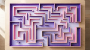 Labyrinth aus Holz mit einem geschwungenen Weg zwischen hohen Wänden
