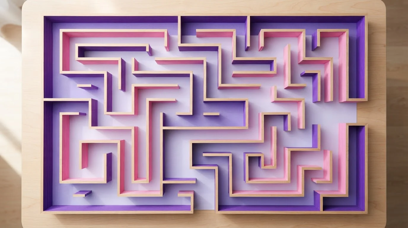 Labyrinth aus Holz mit einem geschwungenen Weg zwischen hohen Wänden