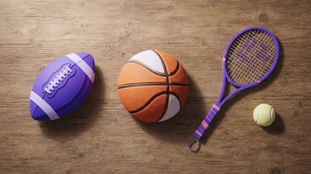 Fußball, Tennisschläger und Basketball nebeneinander auf einem Holztisch