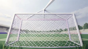 Fußballtor mit straffem Netz aus der Untersicht auf grünem Spielfeld