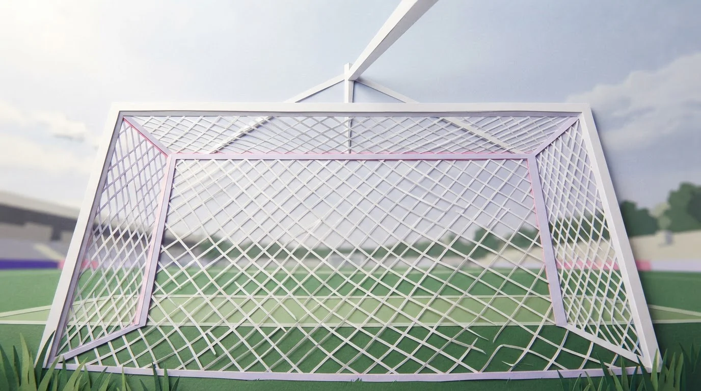Fußballtor mit straffem Netz aus der Untersicht auf grünem Spielfeld